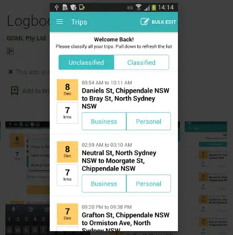 LogbookMe app trips menu screenshot