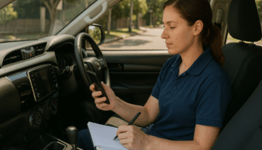 Female tradie logging business trips in notebook and app